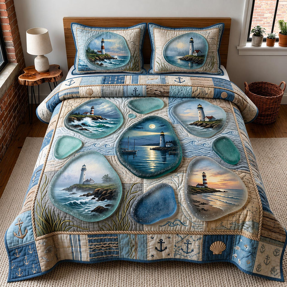 Sea Escape Oval Medallion Scenes quilted bedding set, quilt and two pillow shams on a made bed
