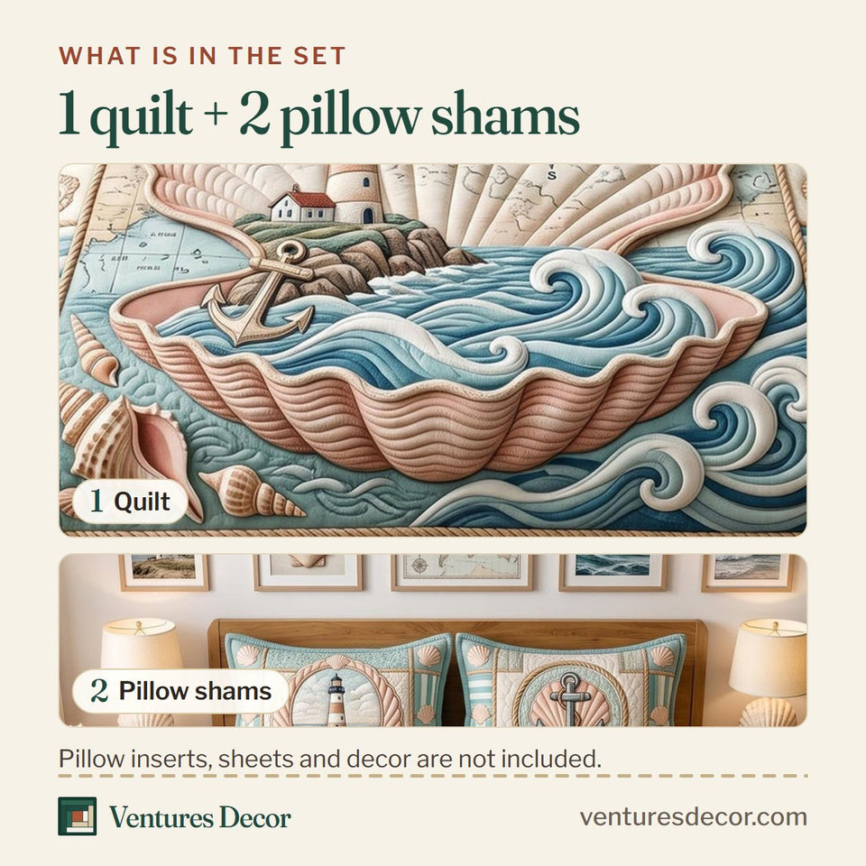 What is in the set: one quilt and two pillow shams, shown in the Sea Escape Pale Blue Pink Shell design