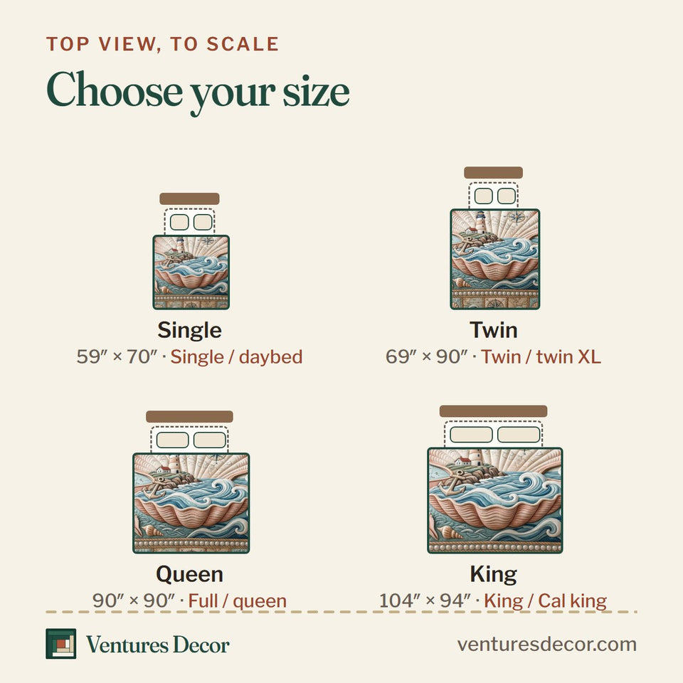 Size guide for the Sea Escape Pale Blue Pink Shell quilt, top view to scale: Single 59 x 70 in, Twin 69 x 90 in, Queen 90 x 90 in, King 104 x 94 in
