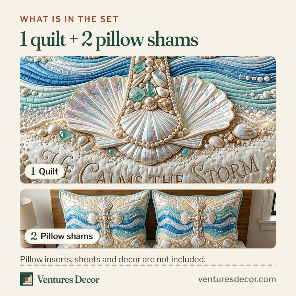 What is in the set: one quilt and two pillow shams, shown in the Sea Escape Scallop Shell Calm Waves design