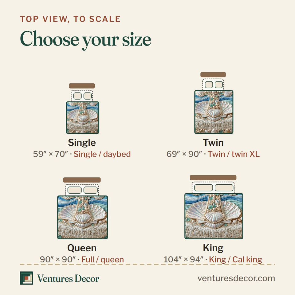 Size guide for the Sea Escape Scallop Shell Calm Waves quilt, top view to scale: Single 59 x 70 in, Twin 69 x 90 in, Queen 90 x 90 in, King 104 x 94 in