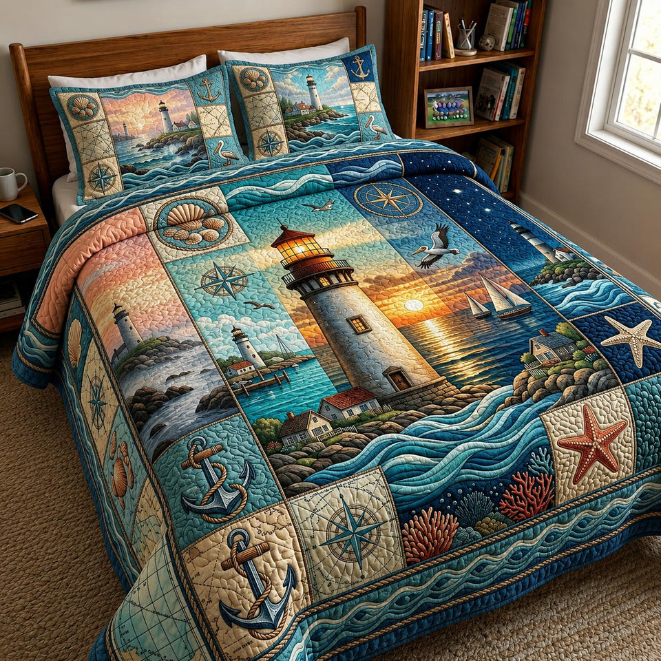 Sea Escape Sunset Sky Beacon quilted bedding set, quilt and two pillow shams on a made bed