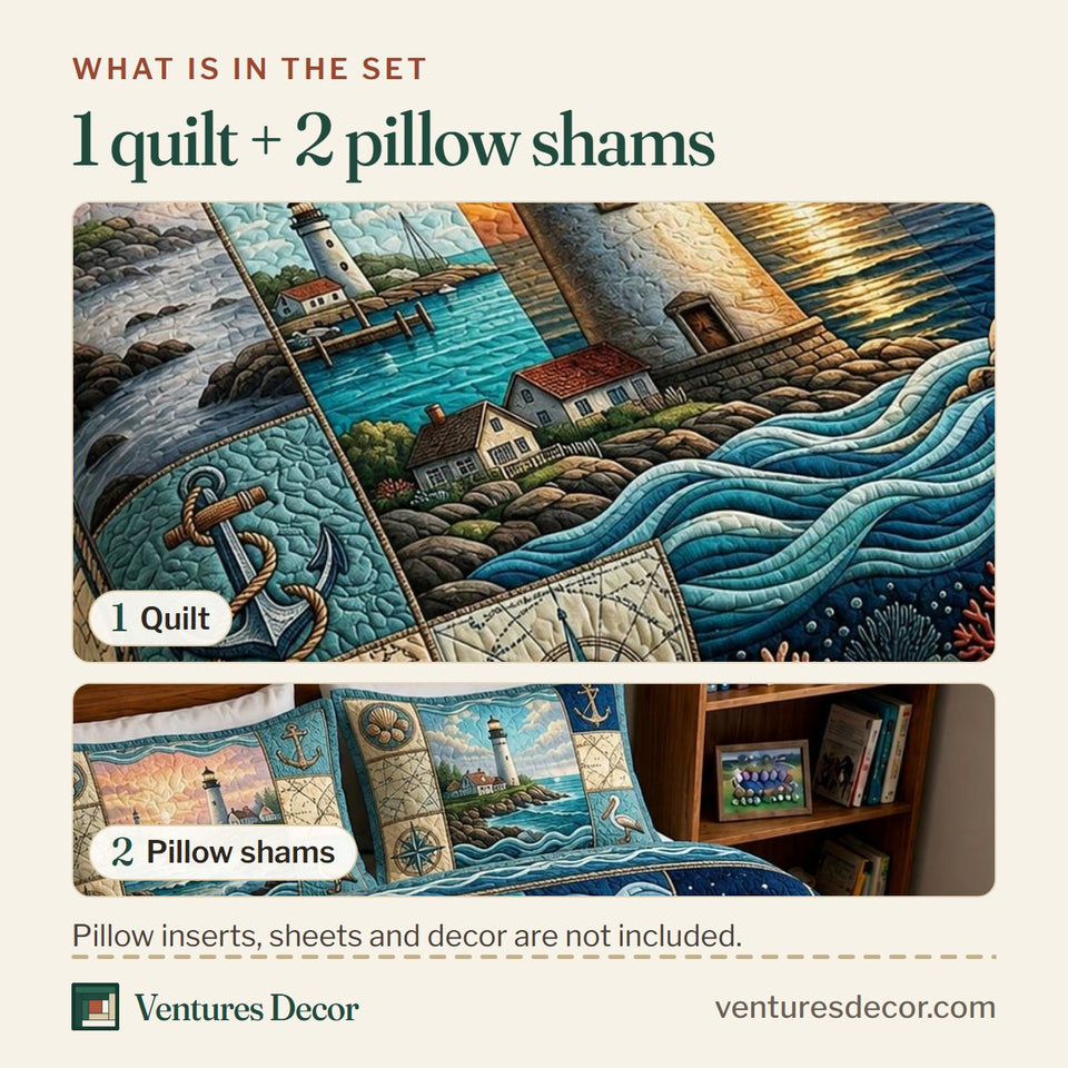What is in the set: one quilt and two pillow shams, shown in the Sea Escape Sunset Sky Beacon design