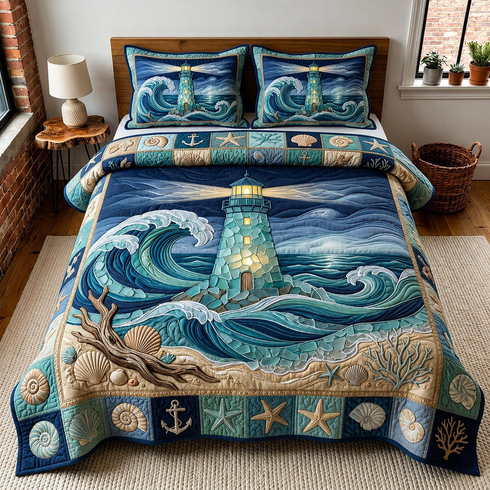 Sea Escape Towering Wave Anchor Blocks quilted bedding set, quilt and two pillow shams on a made bed