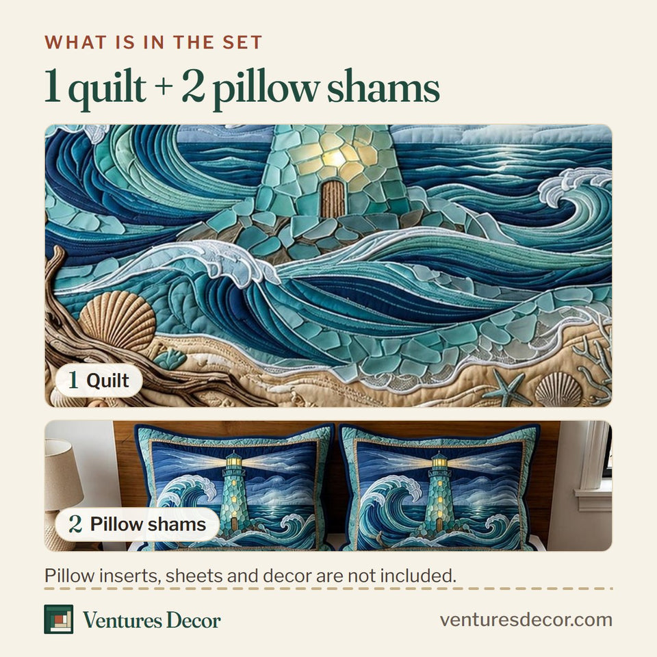 What is in the set: one quilt and two pillow shams, shown in the Sea Escape Towering Wave Anchor Blocks design