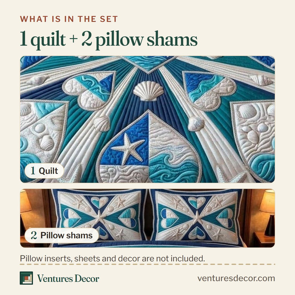 What is in the set: one quilt and two pillow shams, shown in the Sea Shells Navy Starburst Mandala design
