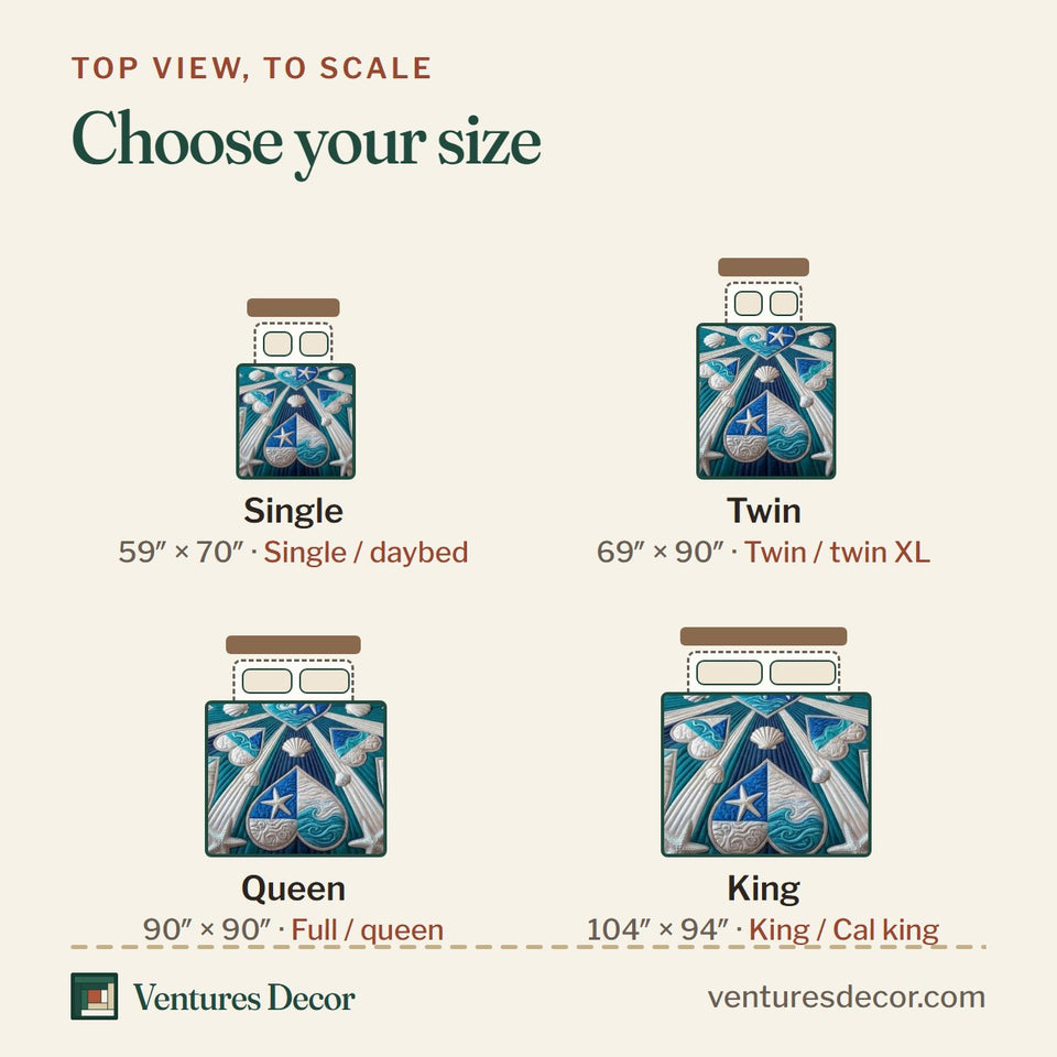Size guide for the Sea Shells Navy Starburst Mandala quilt, top view to scale: Single 59 x 70 in, Twin 69 x 90 in, Queen 90 x 90 in, King 104 x 94 in
