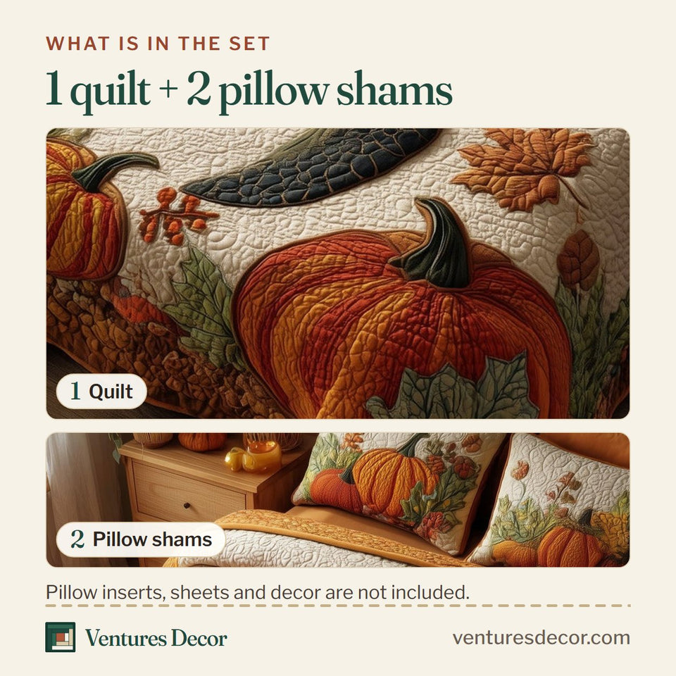 What is in the set: one quilt and two pillow shams, shown in the Sea Turtle Autumn Pumpkin Patch design