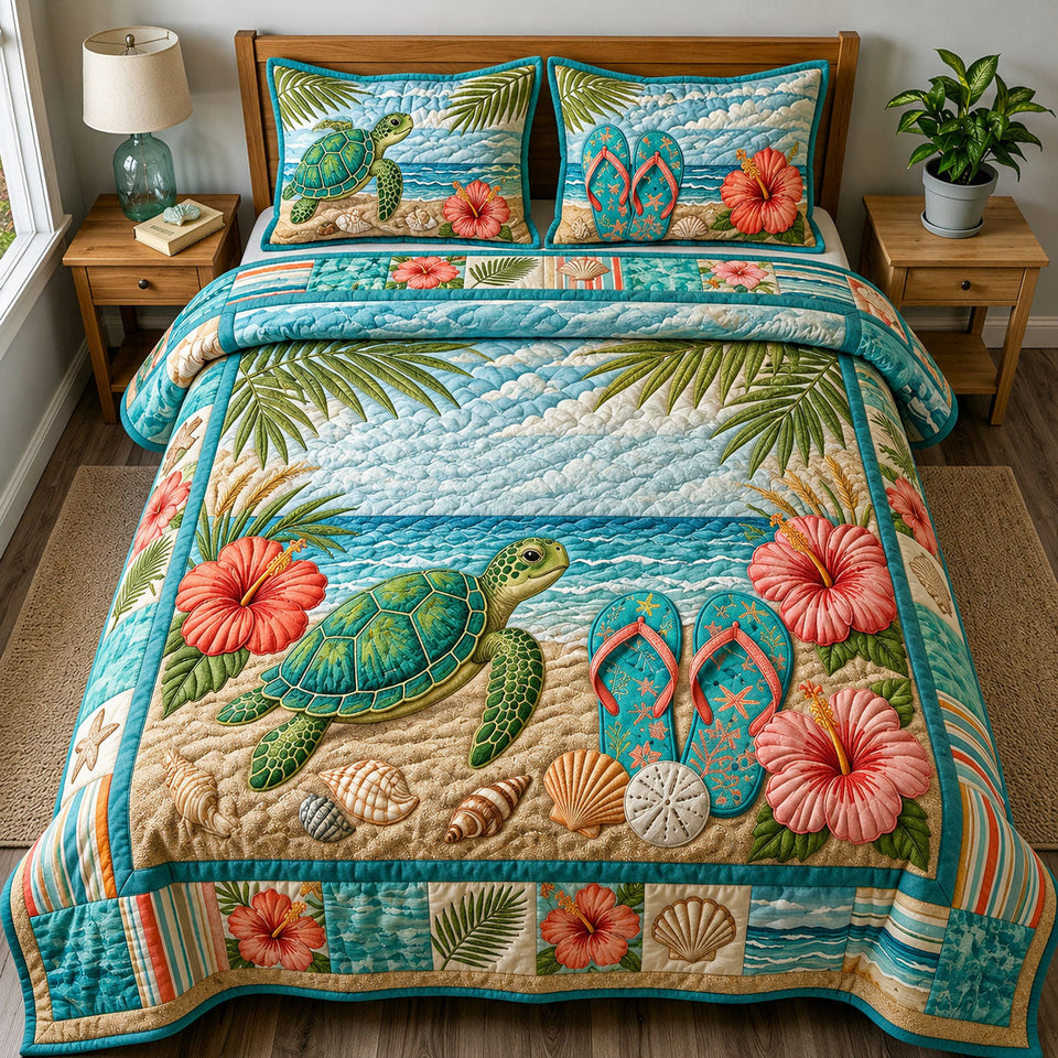 Sea Turtle Coastle quilted bedding set, quilt and two pillow shams on a made bed