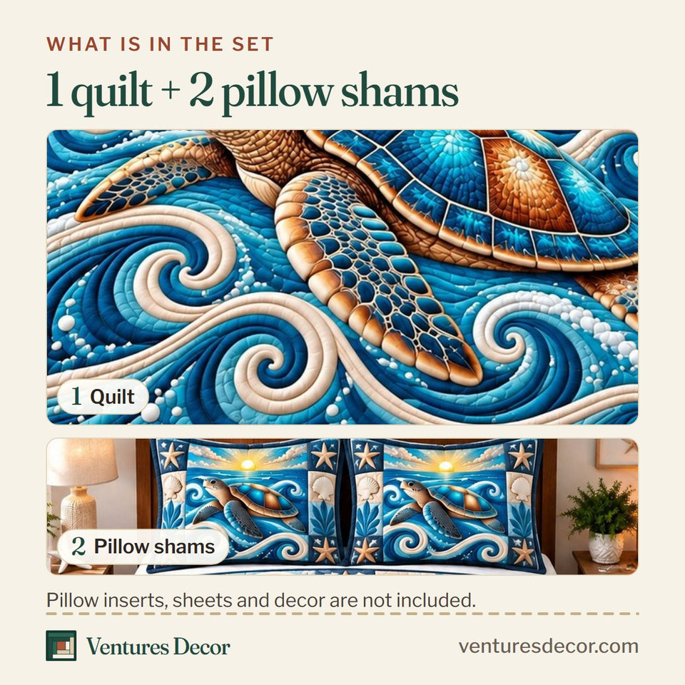 What is in the set: one quilt and two pillow shams, shown in the Sea Turtle Dreams design