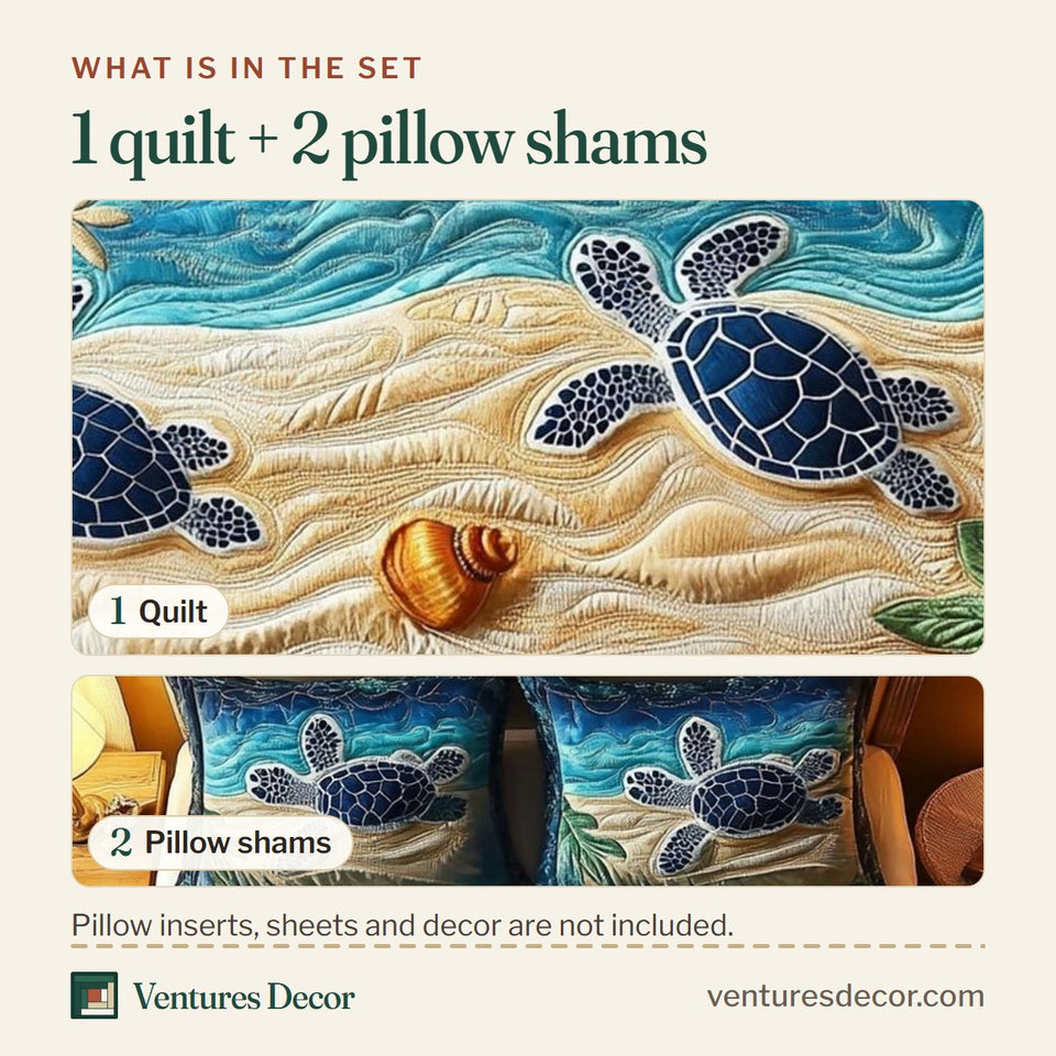 What is in the set: one quilt and two pillow shams, shown in the Sea Turtle Hatchlings on Sand design