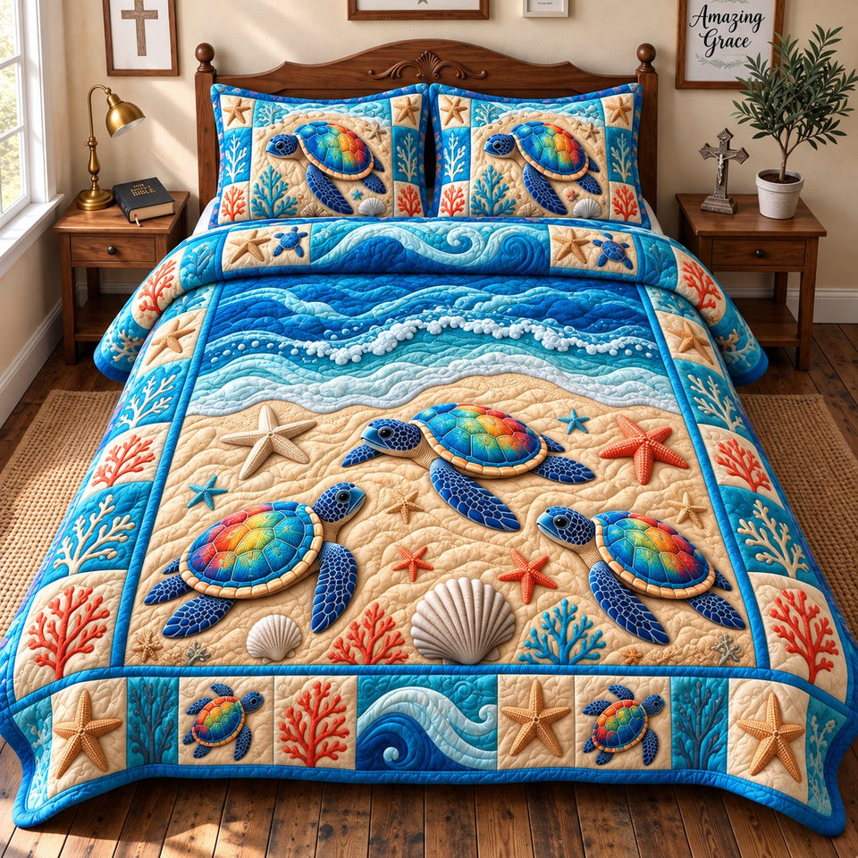 Sea Turtle Haven quilted bedding set, quilt and two pillow shams on a made bed