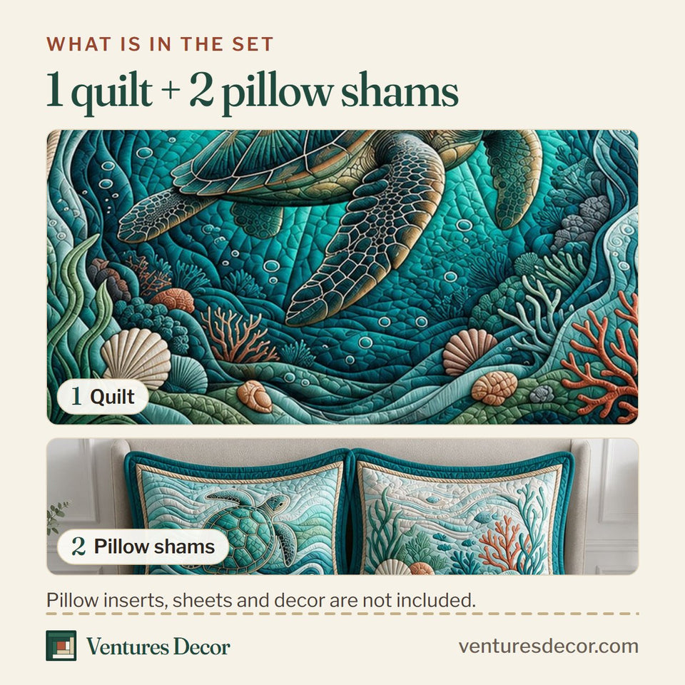 What is in the set: one quilt and two pillow shams, shown in the Sea Turtle Teal Frame with Cross design