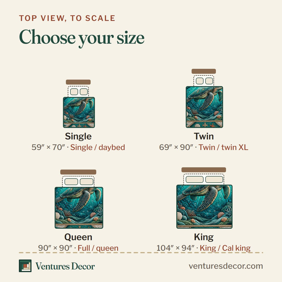 Size guide for the Sea Turtle Teal Frame with Cross quilt, top view to scale: Single 59 x 70 in, Twin 69 x 90 in, Queen 90 x 90 in, King 104 x 94 in
