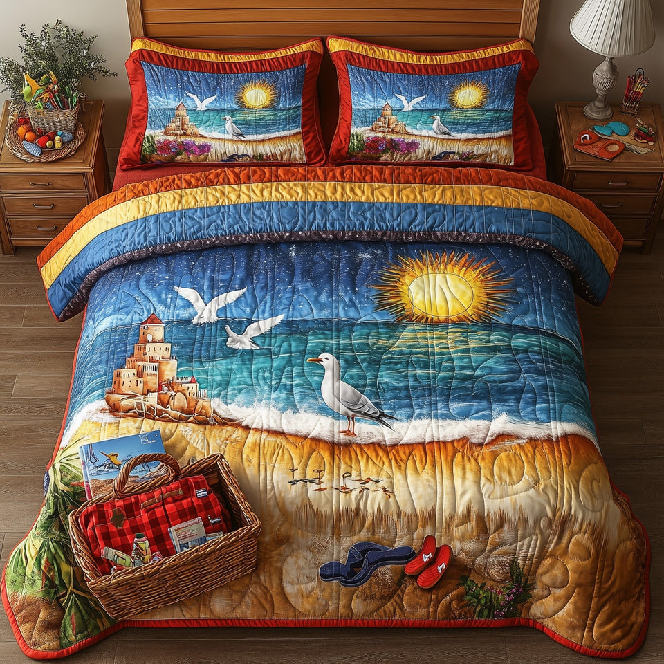Seagull Picnic Sunrise quilted bedding set, quilt and two pillow shams on a made bed
