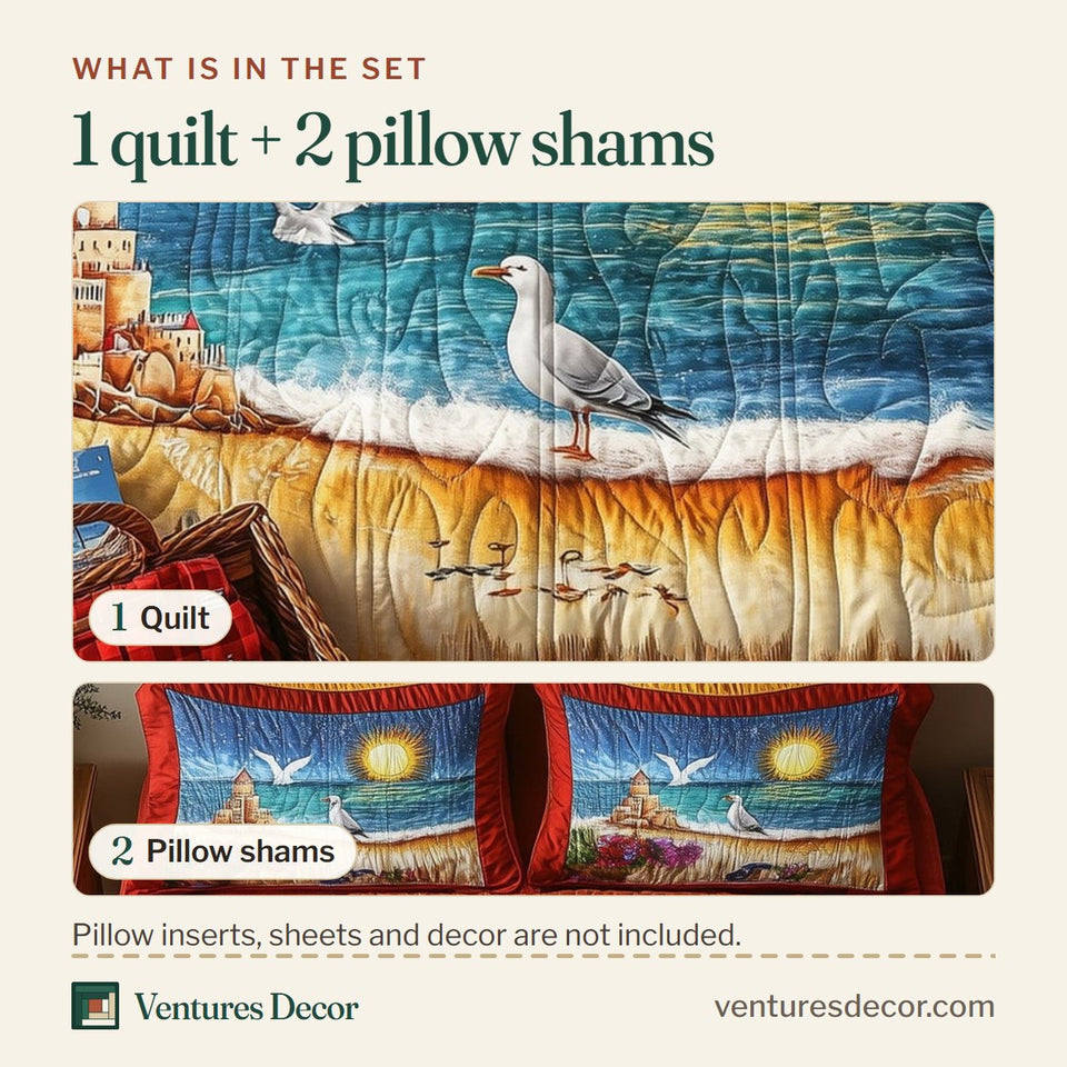 What is in the set: one quilt and two pillow shams, shown in the Seagull Picnic Sunrise design
