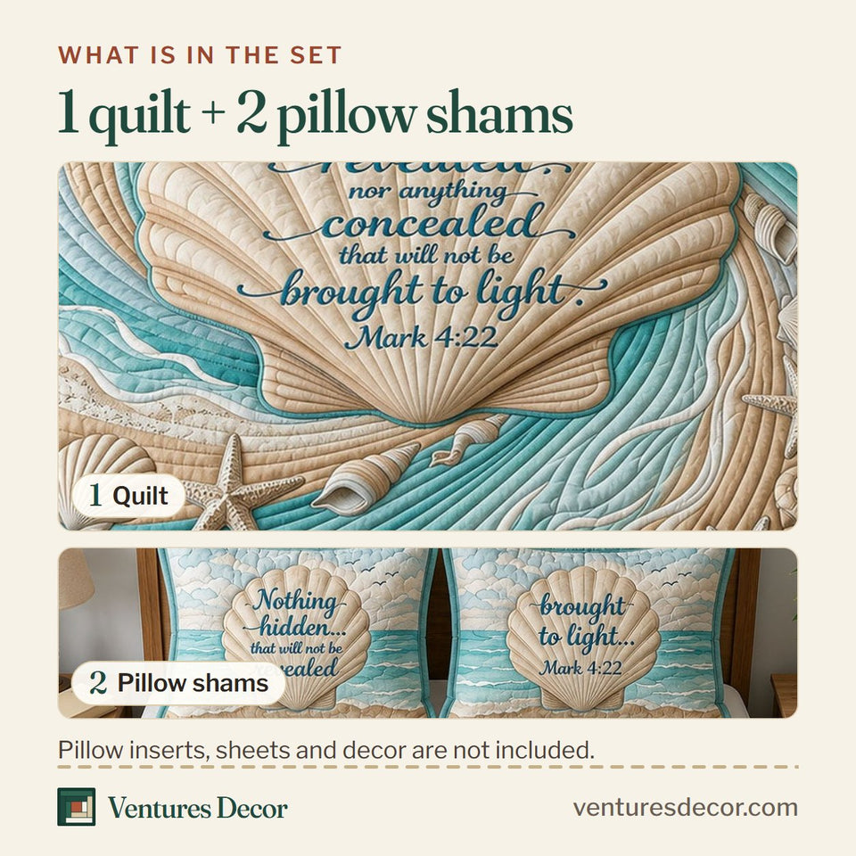 What is in the set: one quilt and two pillow shams, shown in the Seashell Bible Quote design