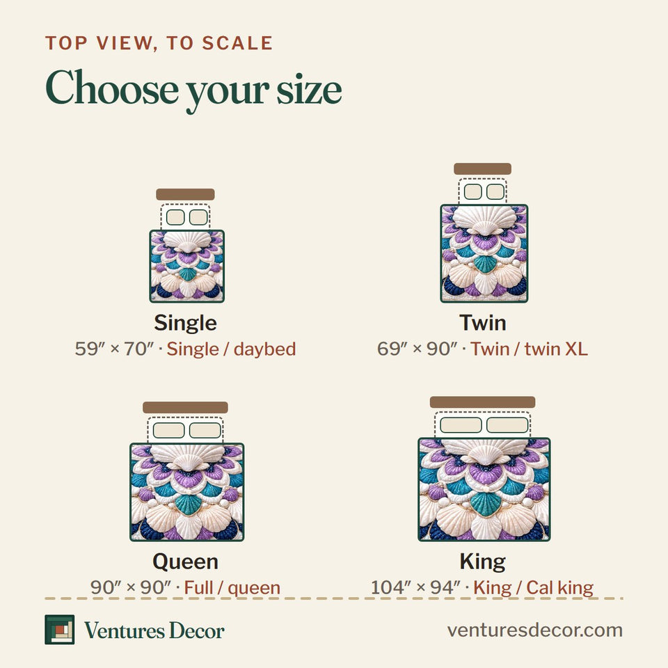 Size guide for the Seashell Fan Mandala quilt, top view to scale: Single 59 x 70 in, Twin 69 x 90 in, Queen 90 x 90 in, King 104 x 94 in