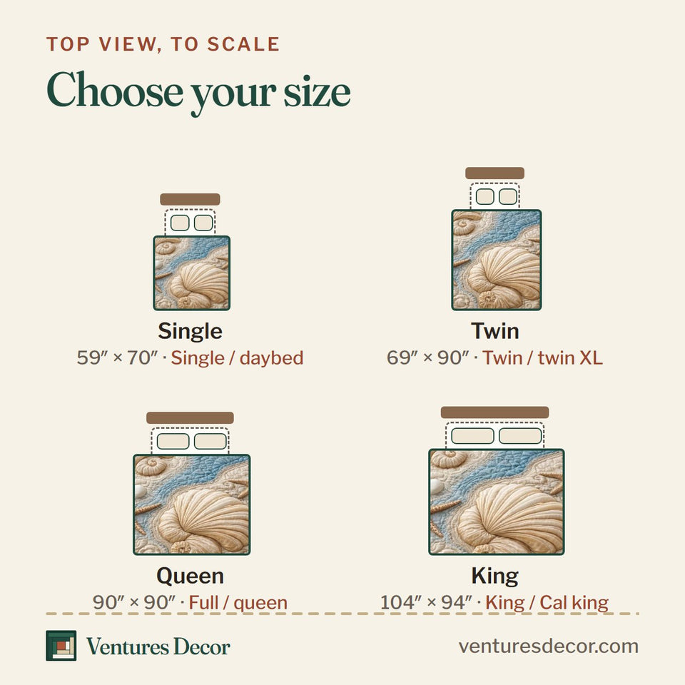 Size guide for the Seashell River quilt, top view to scale: Single 59 x 70 in, Twin 69 x 90 in, Queen 90 x 90 in, King 104 x 94 in