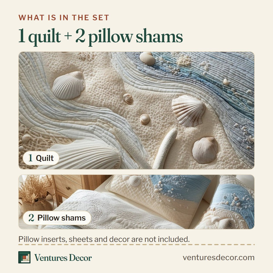 What is in the set: one quilt and two pillow shams, shown in the Seashell Shoreline Serenity design