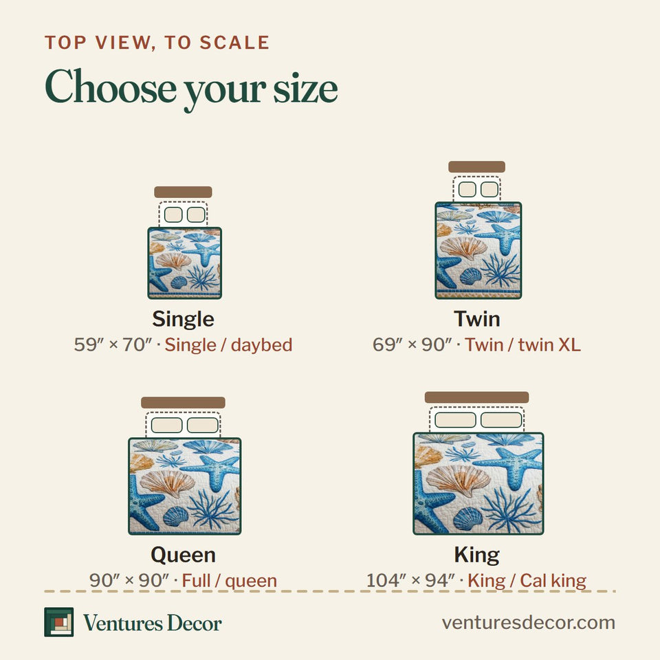 Size guide for the Seashell Starfish Blue Border quilt, top view to scale: Single 59 x 70 in, Twin 69 x 90 in, Queen 90 x 90 in, King 104 x 94 in
