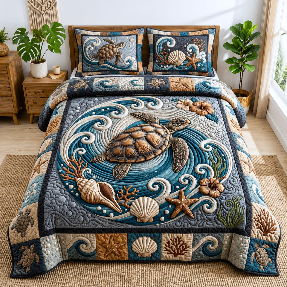 Seashell Surf Turtle Ring quilted bedding set, quilt and two pillow shams on a made bed