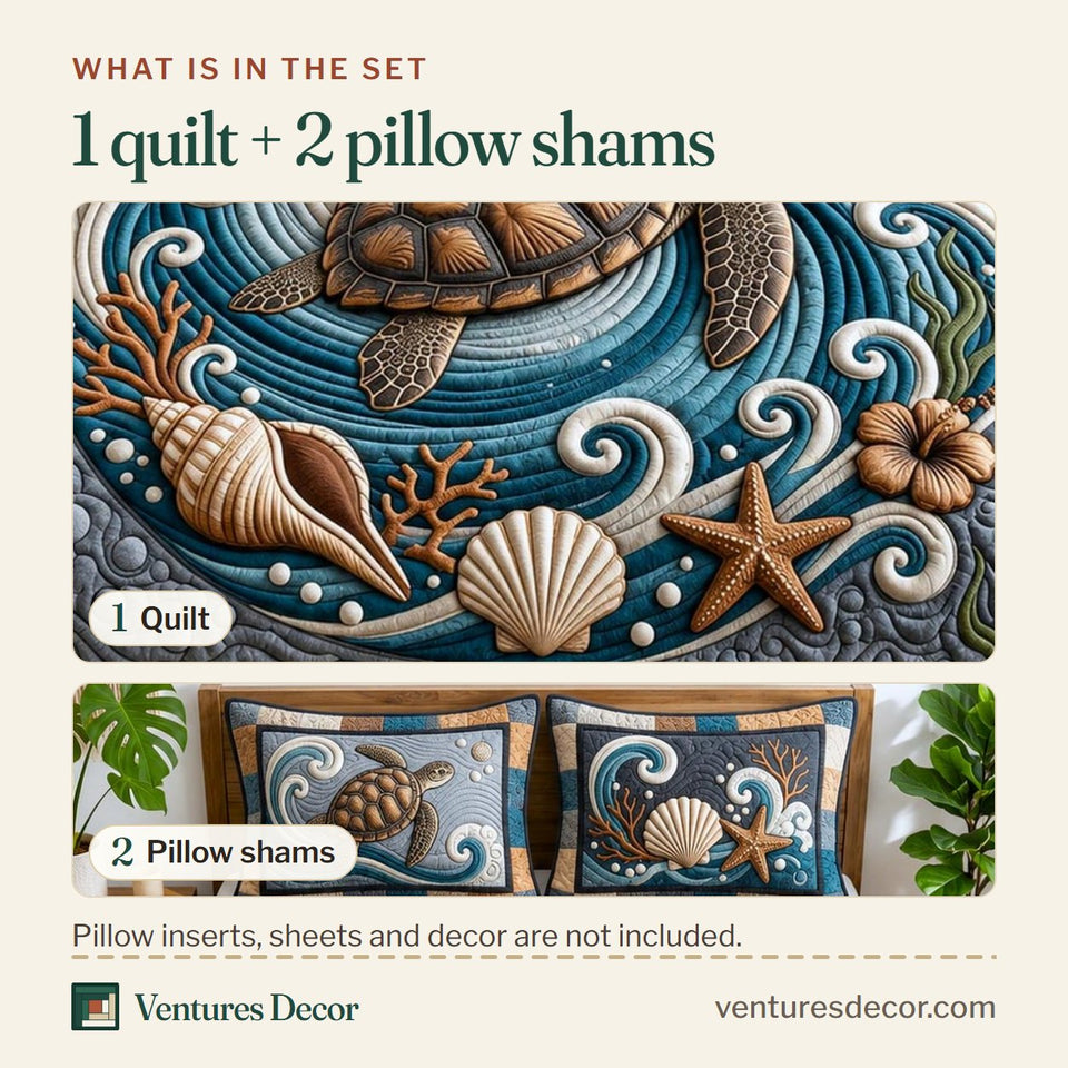 What is in the set: one quilt and two pillow shams, shown in the Seashell Surf Turtle Ring design