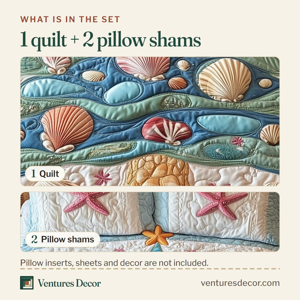 What is in the set: one quilt and two pillow shams, shown in the Seashell Tide Tree design