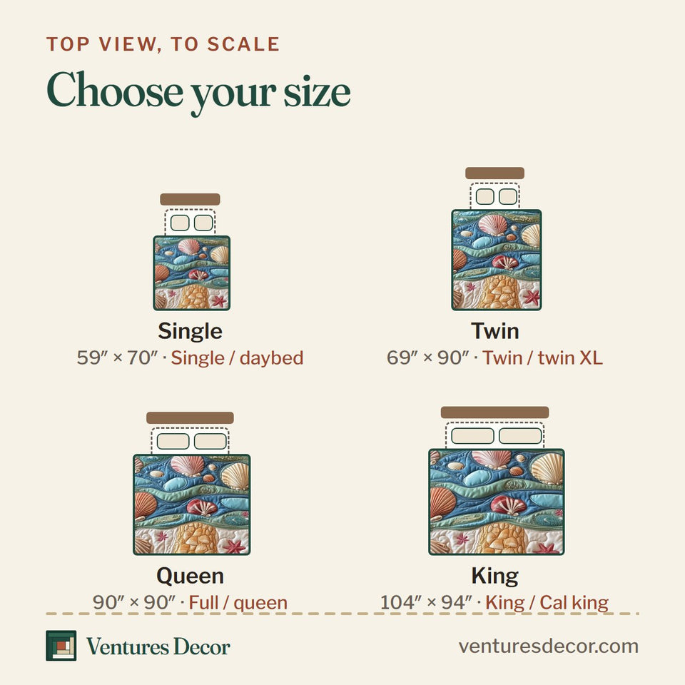 Size guide for the Seashell Tide Tree quilt, top view to scale: Single 59 x 70 in, Twin 69 x 90 in, Queen 90 x 90 in, King 104 x 94 in