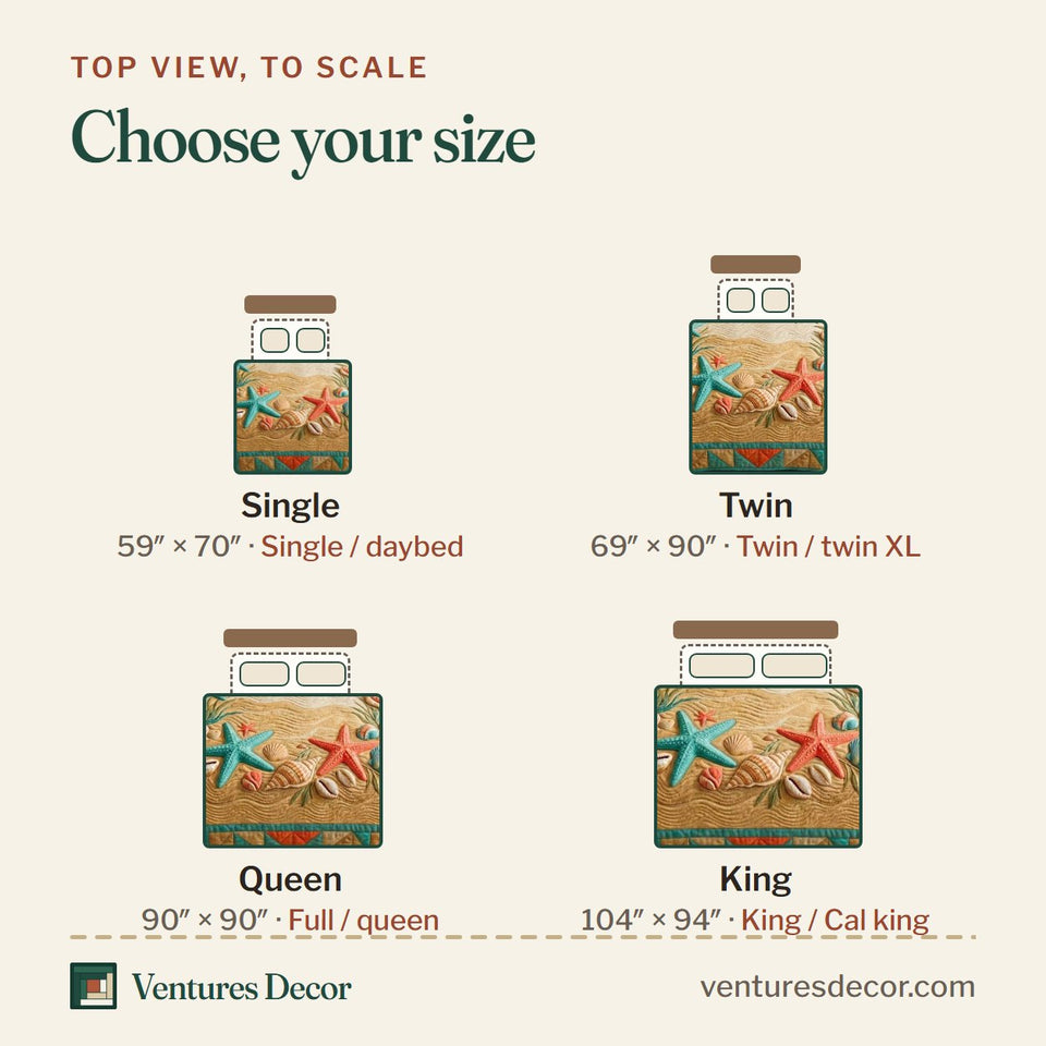 Size guide for the Seaside Shell Dream quilt, top view to scale: Single 59 x 70 in, Twin 69 x 90 in, Queen 90 x 90 in, King 104 x 94 in