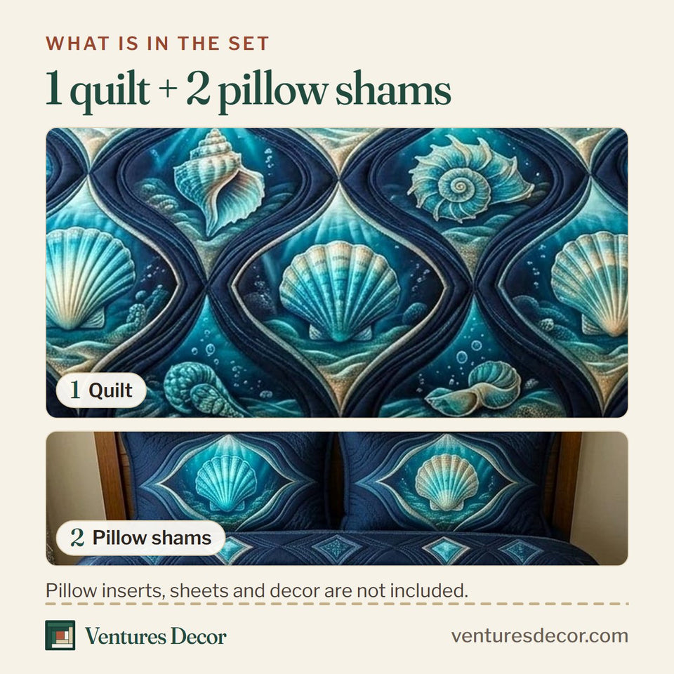 What is in the set: one quilt and two pillow shams, shown in the Seaside Shells Deep Blue Ogee Lattice design
