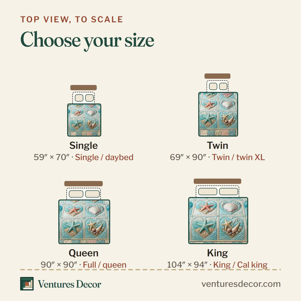 Size guide for the Seaside Shells Pastel Block Grid quilt, top view to scale: Single 59 x 70 in, Twin 69 x 90 in, Queen 90 x 90 in, King 104 x 94 in