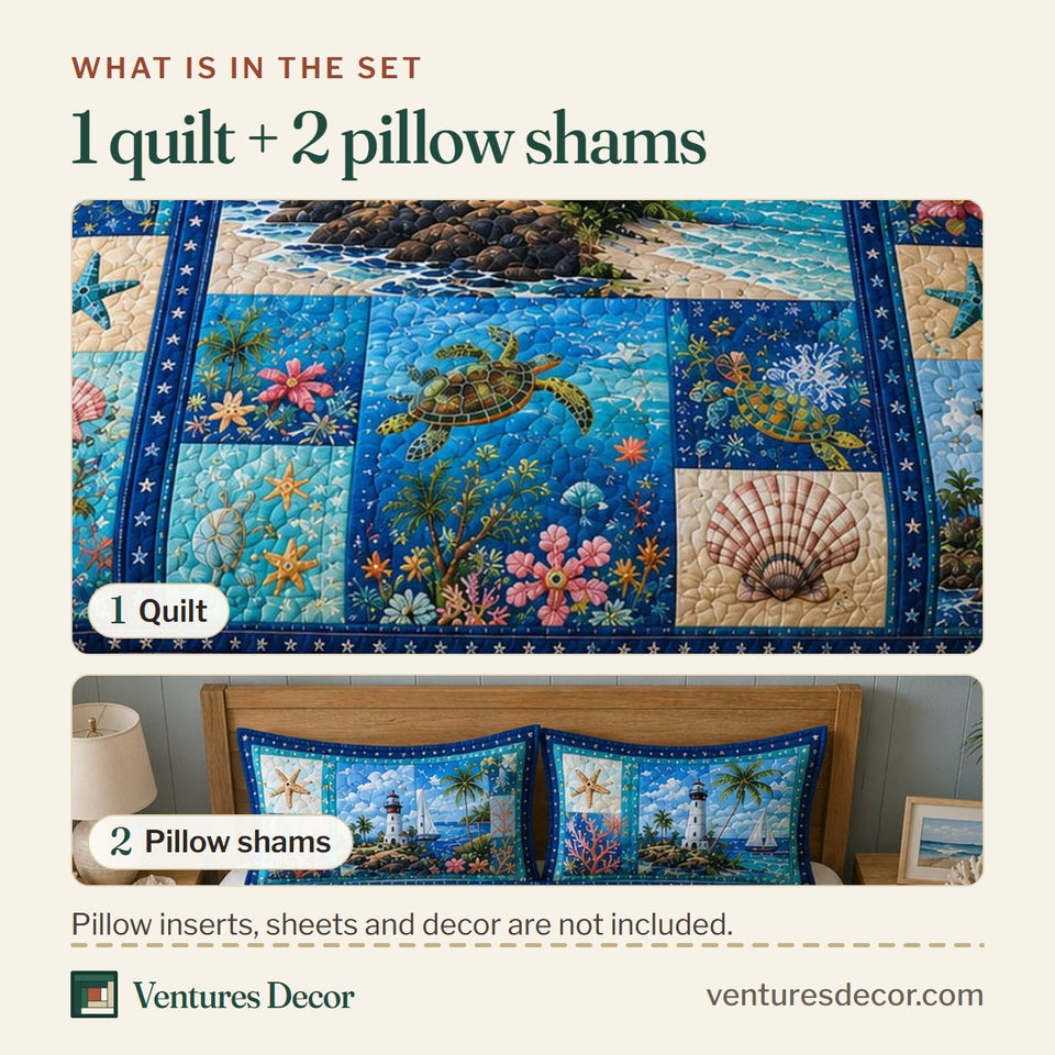 What is in the set: one quilt and two pillow shams, shown in the Seaside Treasures design