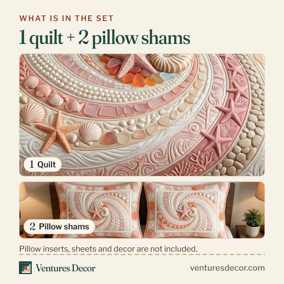 What is in the set: one quilt and two pillow shams, shown in the Seaside Whisper Peach Shell Spiral design