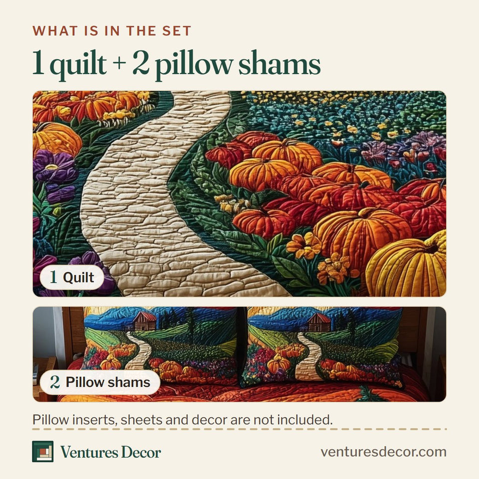 What is in the set: one quilt and two pillow shams, shown in the Serene Autumn Bliss Winding Pumpkin Path design