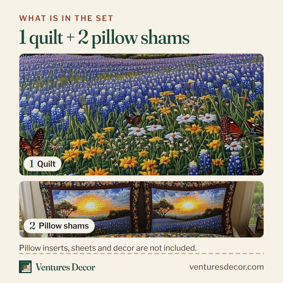 What is in the set: one quilt and two pillow shams, shown in the Serene Bluebonnet Tree Line Sunset design