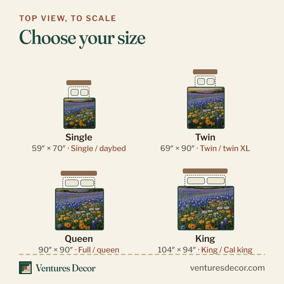 Size guide for the Serene Bluebonnet Tree Line Sunset quilt, top view to scale: Single 59 x 70 in, Twin 69 x 90 in, Queen 90 x 90 in, King 104 x 94 in