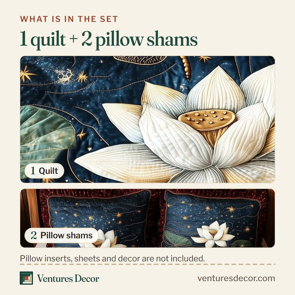What is in the set: one quilt and two pillow shams, shown in the Serene Dragonfly White Lotus Starry Night design