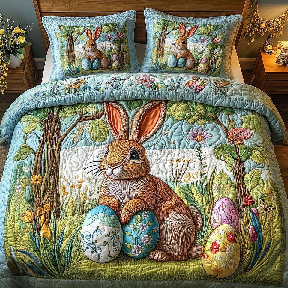 Serene Easter quilted bedding set, quilt and two pillow shams on a made bed