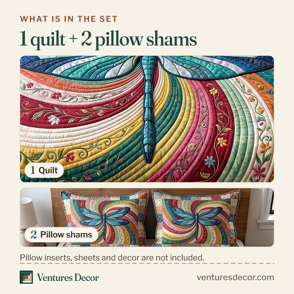 What is in the set: one quilt and two pillow shams, shown in the Serenity Wings Rainbow Ribbon Swirl design
