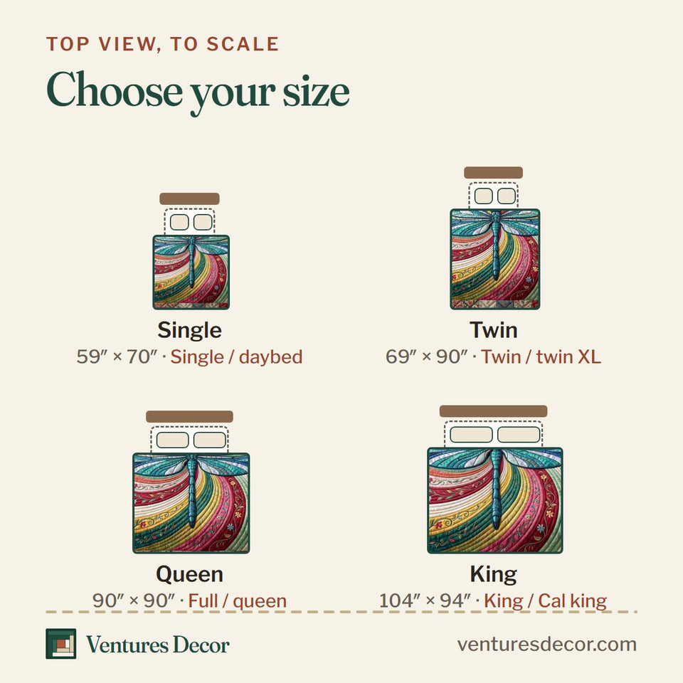 Size guide for the Serenity Wings Rainbow Ribbon Swirl quilt, top view to scale: Single 59 x 70 in, Twin 69 x 90 in, Queen 90 x 90 in, King 104 x 94 in