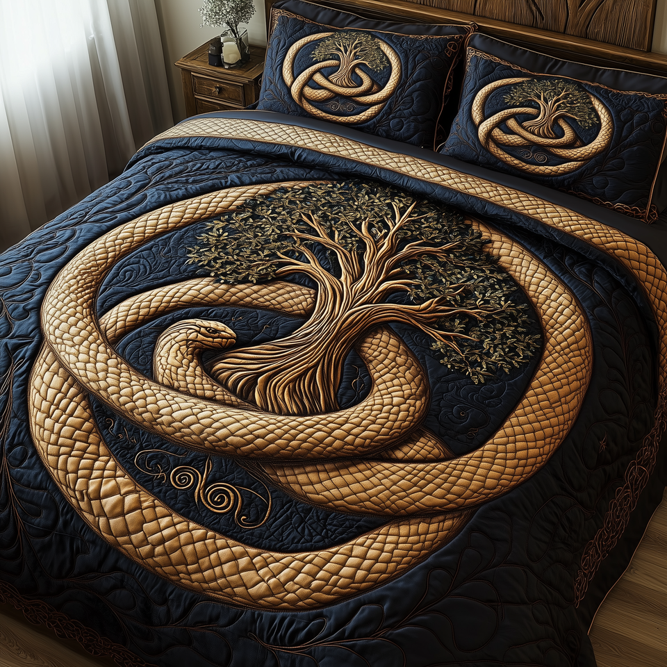 Serpent Coil Eternity quilted bedding set, quilt and two pillow shams on a made bed