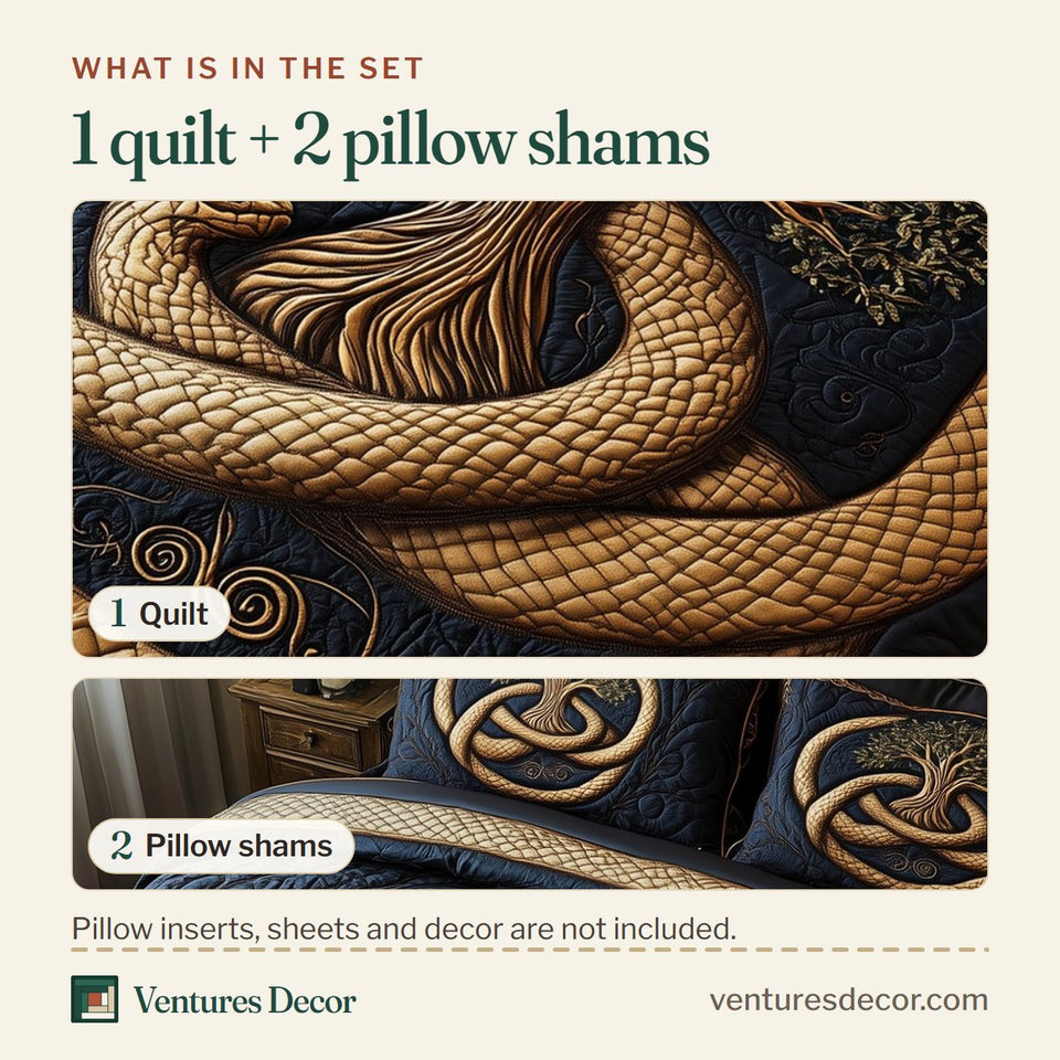 What is in the set: one quilt and two pillow shams, shown in the Serpent Coil Eternity design