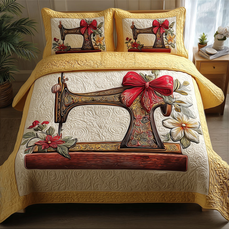 Sewing quilted bedding set, quilt and two pillow shams on a made bed
