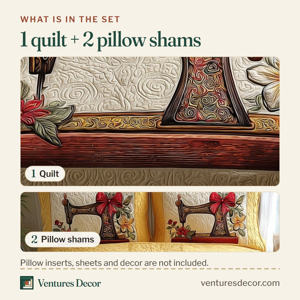 What is in the set: one quilt and two pillow shams, shown in the Sewing design