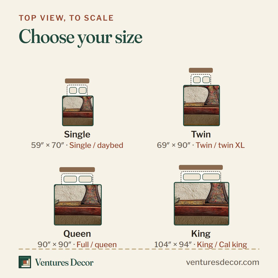 Size guide for the Sewing quilt, top view to scale: Single 59 x 70 in, Twin 69 x 90 in, Queen 90 x 90 in, King 104 x 94 in