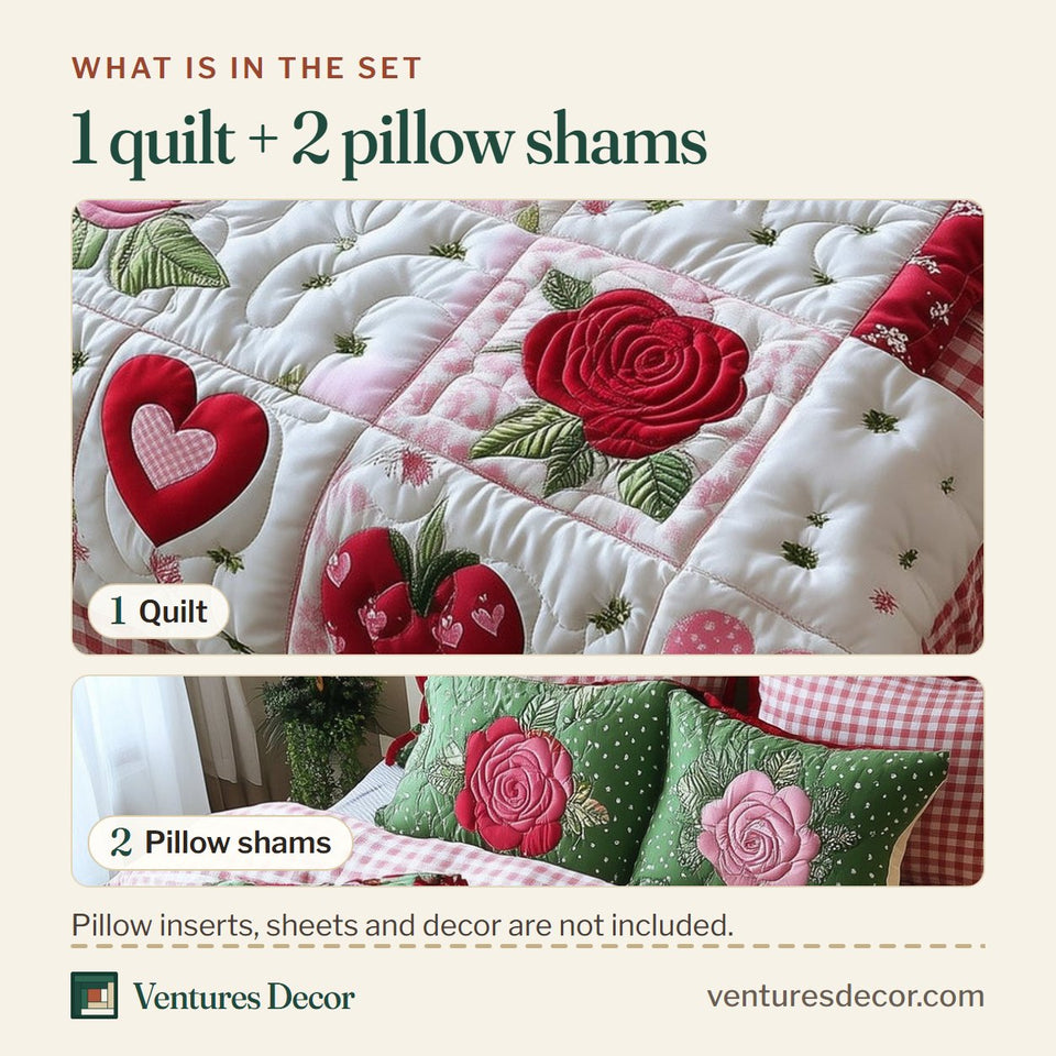What is in the set: one quilt and two pillow shams, shown in the Shabby Chic Blooming Roses Soft Pink Sampler design