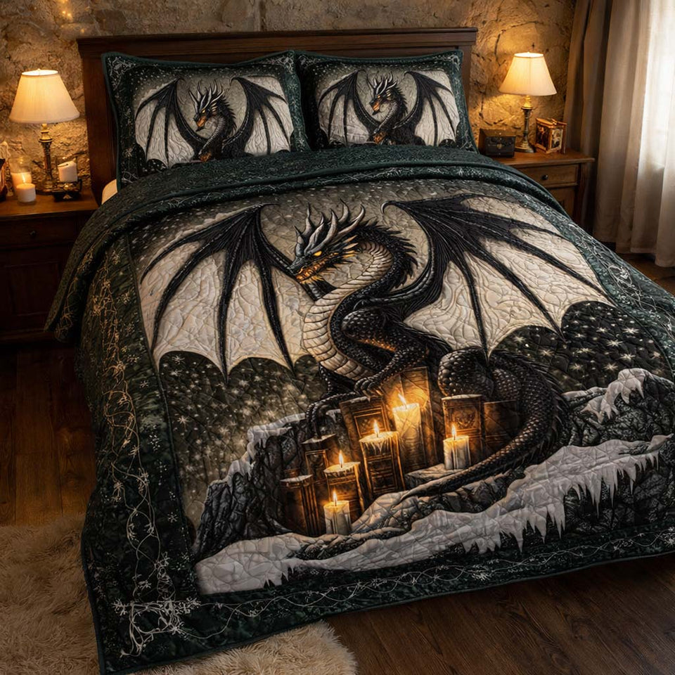 Shadow Candle Dragon quilted bedding set, quilt and two pillow shams on a made bed