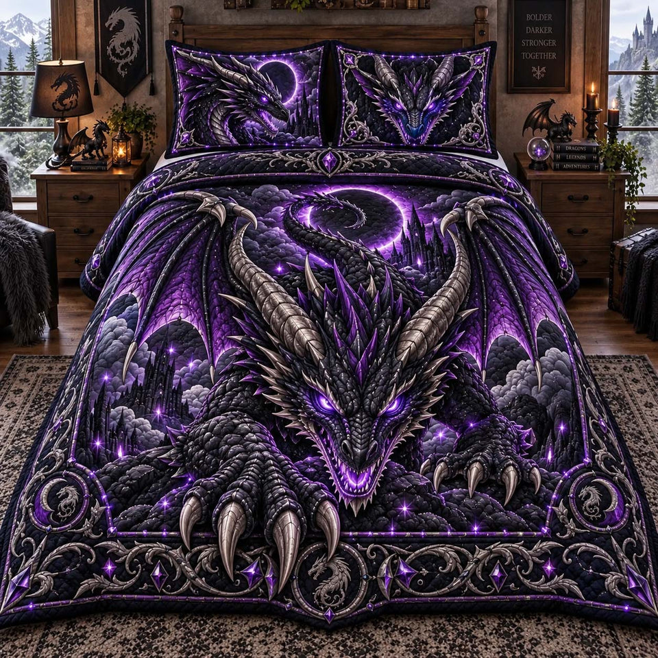 Shadow Eclipse Dragon quilted bedding set, quilt and two pillow shams on a made bed