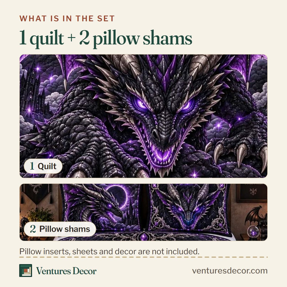 What is in the set: one quilt and two pillow shams, shown in the Shadow Eclipse Dragon design